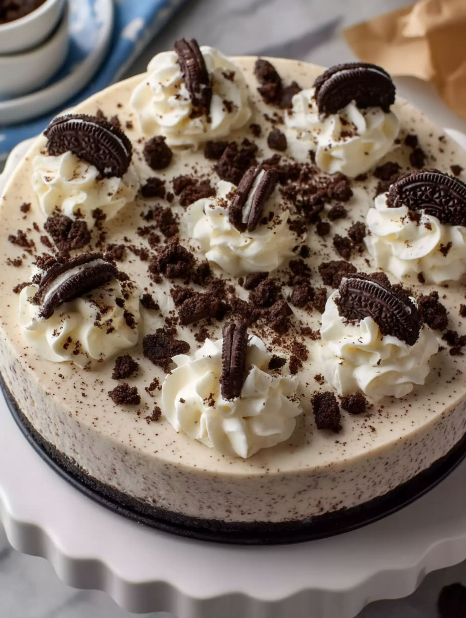 A close up of a delicious looking no-bake Oreo cheesecake.