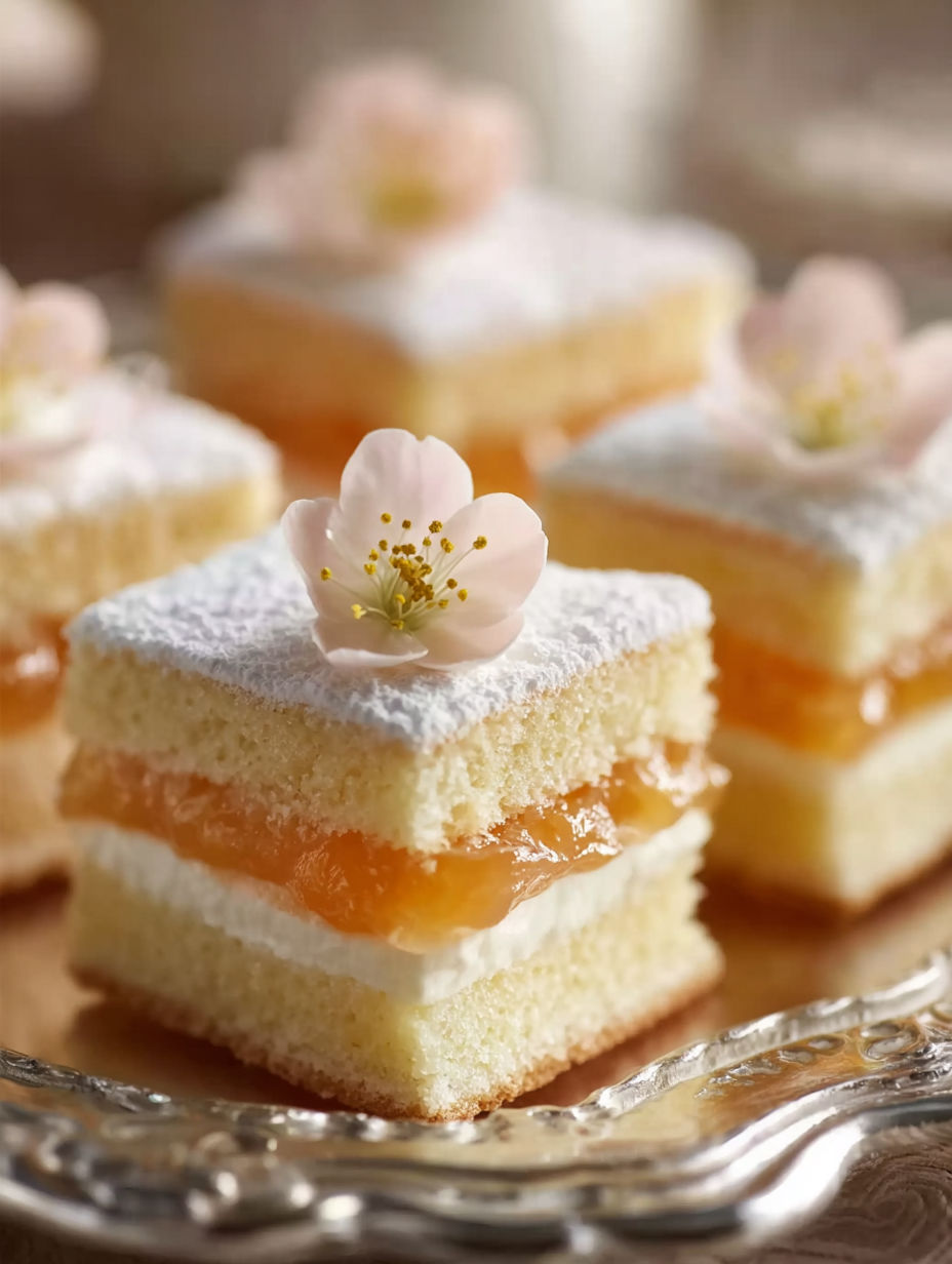 A plate of cake with a flower on top.