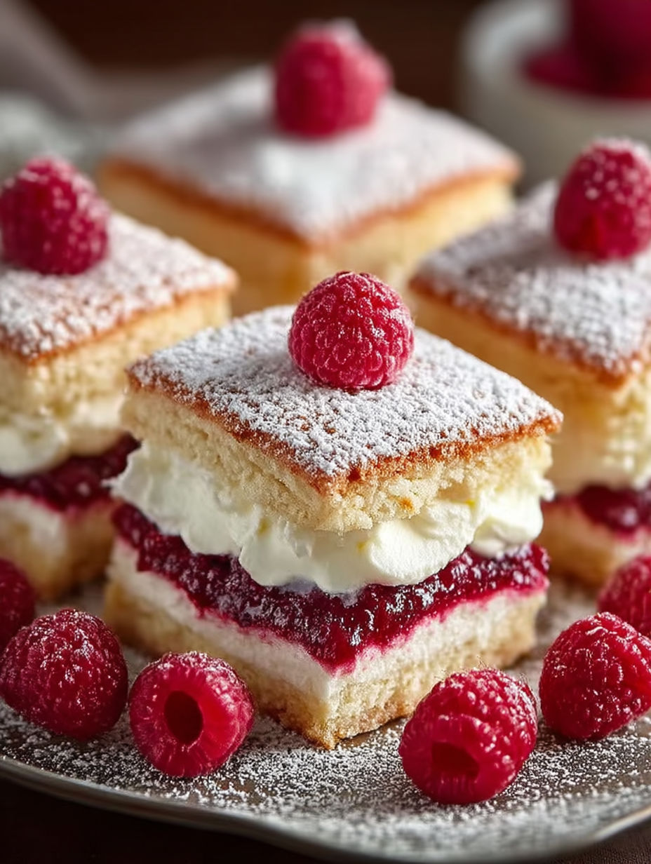 Raspberry cream sandwiches with white frosting and raspberries on top.