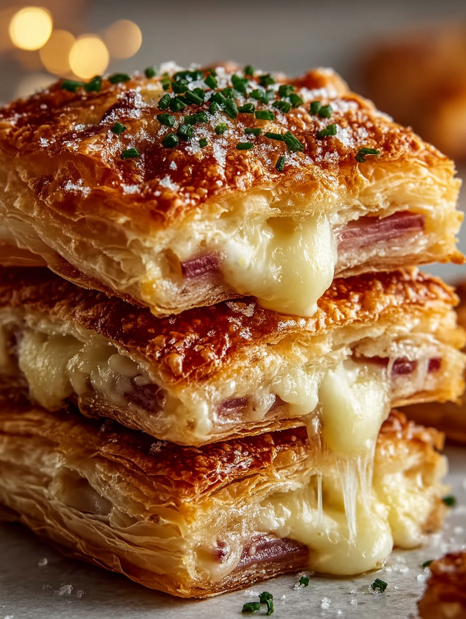 A stack of ham and cheese puff pastry.