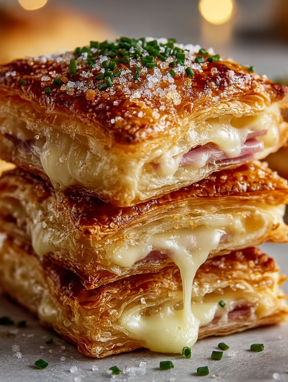 A stack of ham and cheese puff pastry.