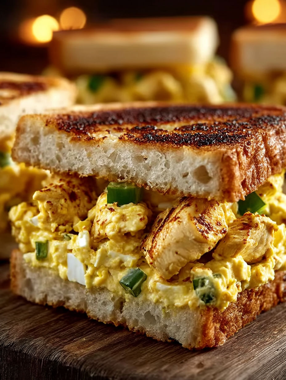 A sandwich with chicken and egg salad.