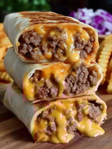 A cheeseburger burrito is stacked on top of another cheeseburger burrito.