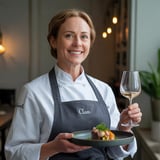 A smiling chef holding a plate of food.