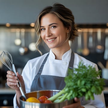 A smiling chef holding a bowl of vegetables.