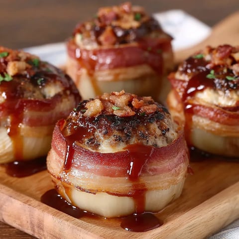 Bacon wrapped onion bombs with barbecue sauce.