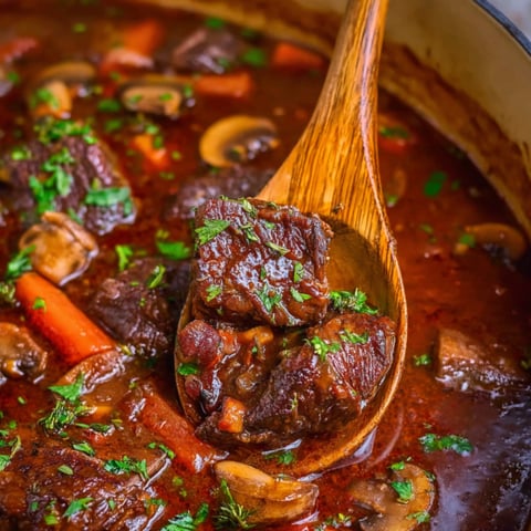 A wooden spoon is in a bowl of French style braised short ribs.