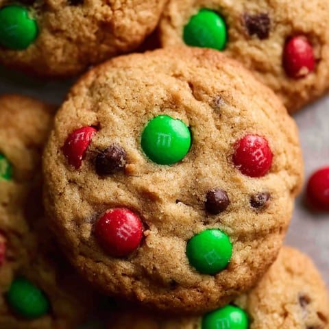 A close up of a M&M cookie with green and red M&Ms.
