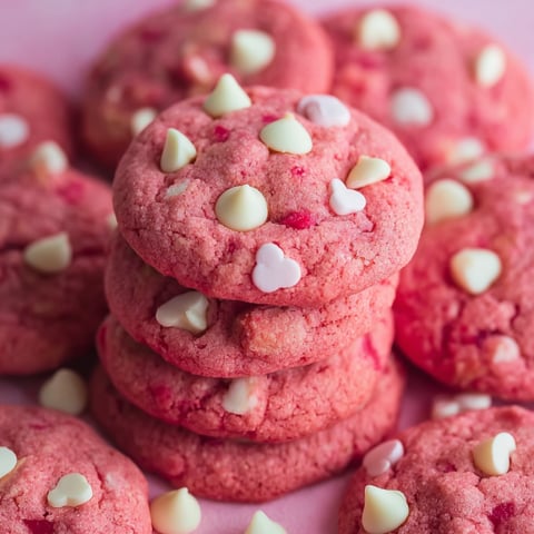 A stack of red cookies with white chocolate chips.