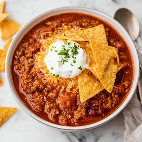 A bowl of chili with a dollop of sour cream on top.