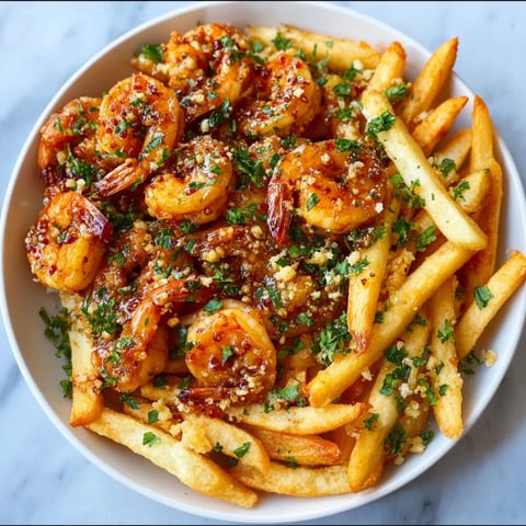 A plate of shrimp and fries with a spicy honey garlic sauce.