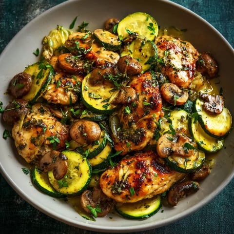 A bowl of chicken, mushrooms and zucchini.