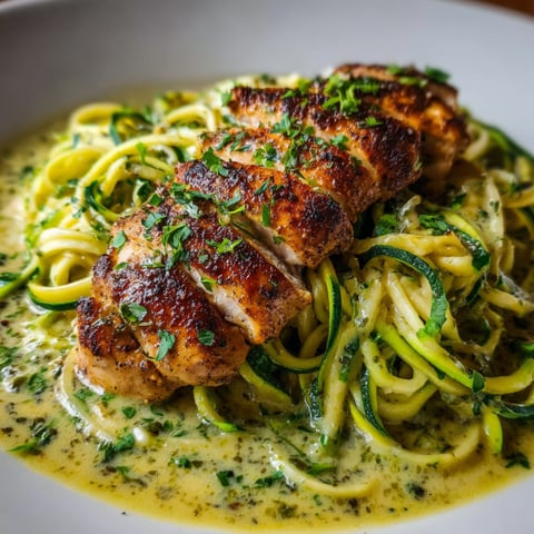 Chicken breast in creamy pesto sauce with zucchini noodles.