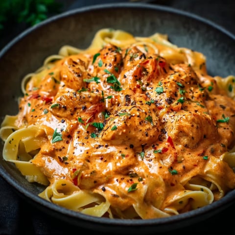 A bowl of creamy paprika chicken with tagliatelle.