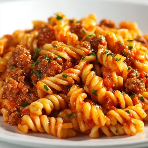 A plate of pasta with meat and tomato sauce.