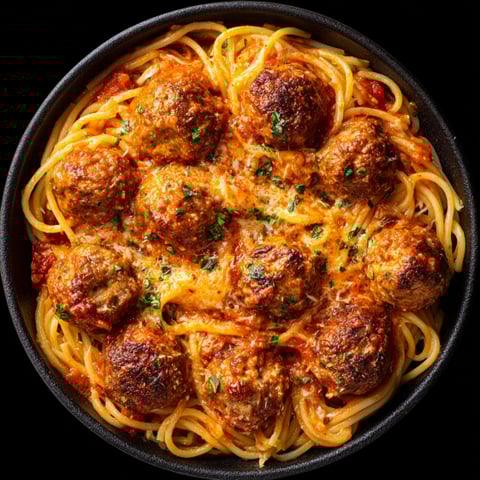 A bowl of creamy spaghetti meatballs.