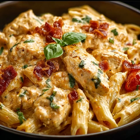 A bowl of creamy chicken parmesan pasta.