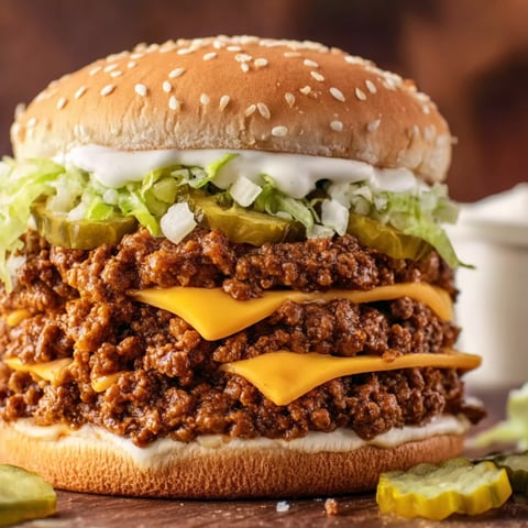 A large sloppy joe sandwich with lettuce and pickles.