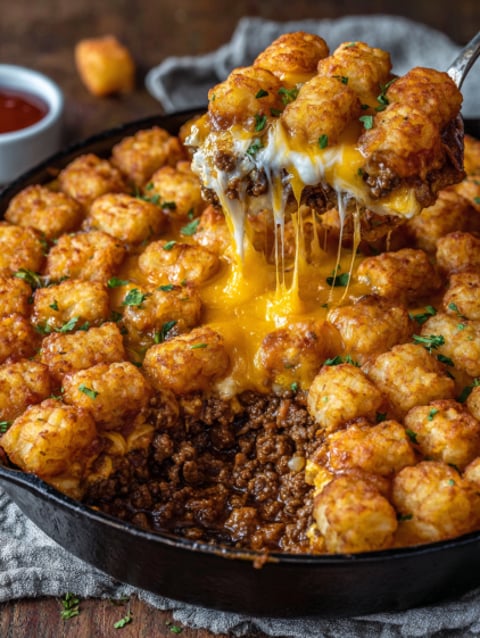 A close up of a sloppy joe tater tot casserole.