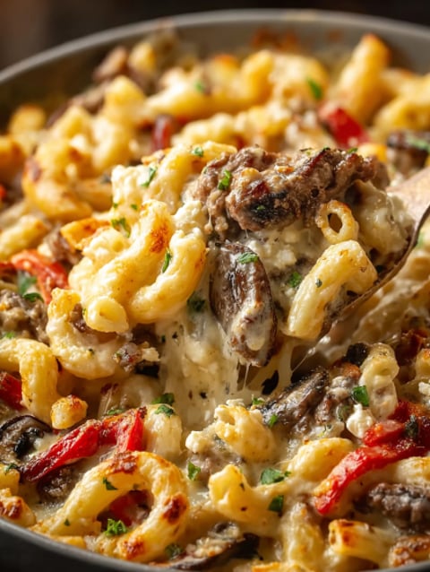 A close up of a Philly Cheesesteak Pasta Bake.