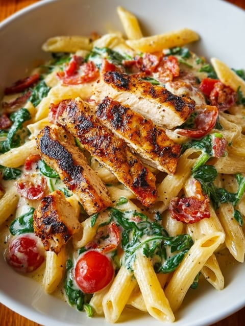 A plate of pasta with chicken and spinach.