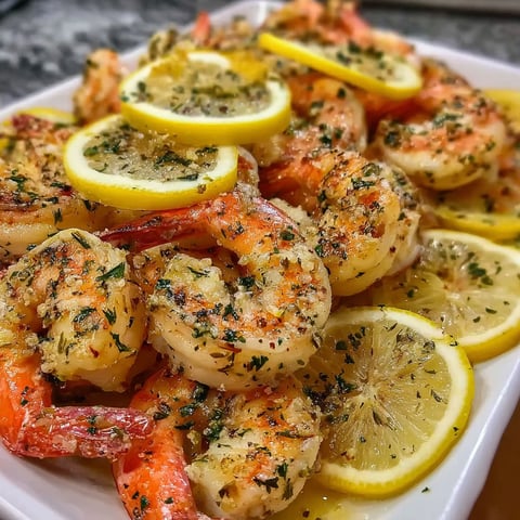 A plate of baked Italian shrimp with lemon.