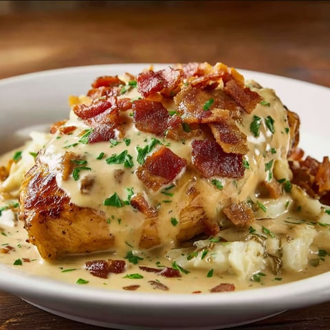 A plate of smothered chicken with bacon and cheese.