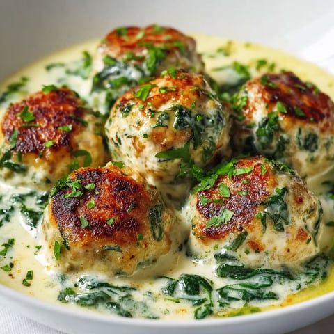 A plate of meatballs with spinach alfredo sauce.