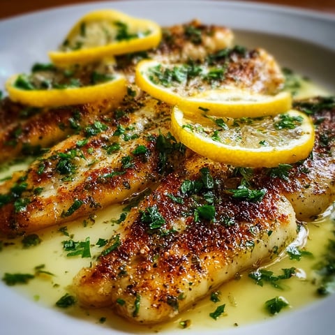 A plate of fish with lemon and herbs.