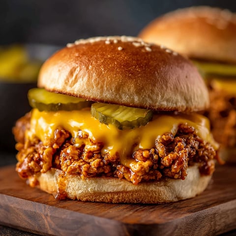 A Cajun Chicken Sloppy Joes sandwich with pickles on top.