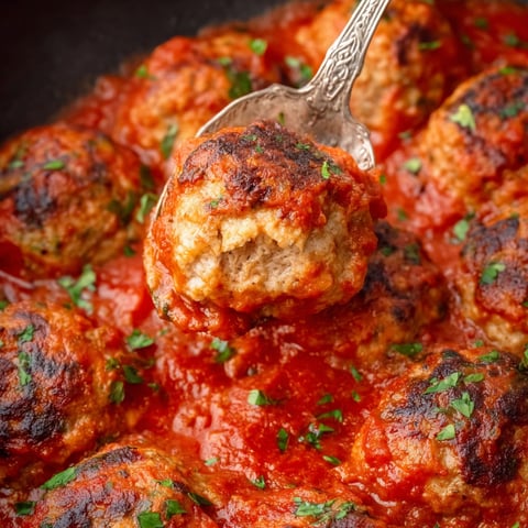 A spoon is in a bowl of meatballs.