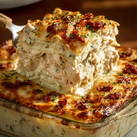 A piece of creamy white chicken lasagna.