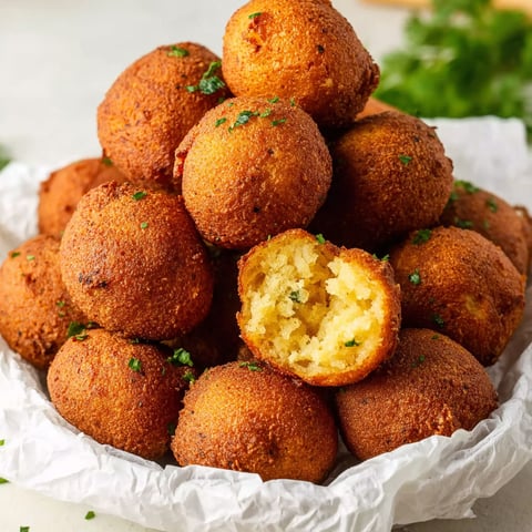A stack of homemade crispy hush puppies.