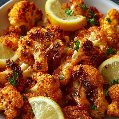 A bowl of cauliflower with lemon slices and maple sriracha sauce.