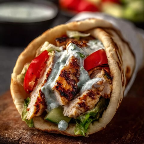 A Greek chicken souvlaki is displayed on a wooden table.