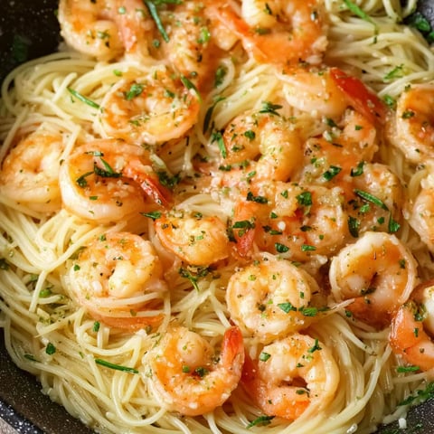 A bowl of shrimp scampi with tomato sauce.