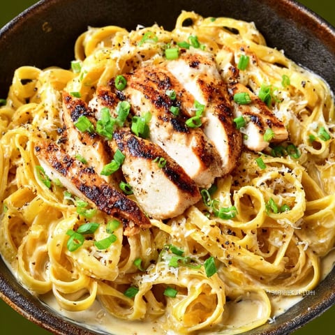 A bowl of pasta with chicken and green peppers.