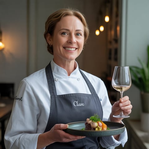 A smiling chef holding a plate of food.