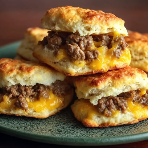 A plate of chopped cheeseburger biscuits bake.
