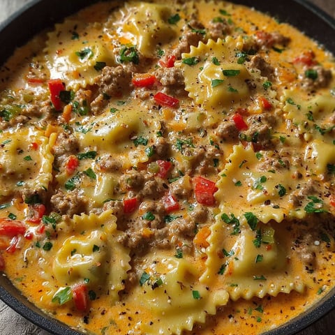 A bowl of creamy cajun sausage ravioli.