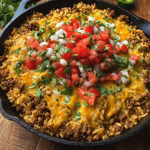 A skillet full of cheesy taco rice.