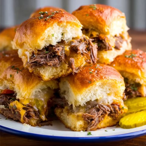 A stack of Mississippi Pot Roast Sliders.