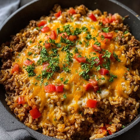 A delicious cheesy beef enchilada rice dish.