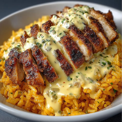 A bowl of rice with chicken and cream sauce.