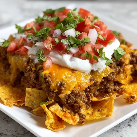 A plate of food with a cheesy Dorito Taco Casserole.