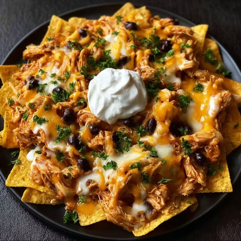 A plate of nachos with white cheese and black beans.