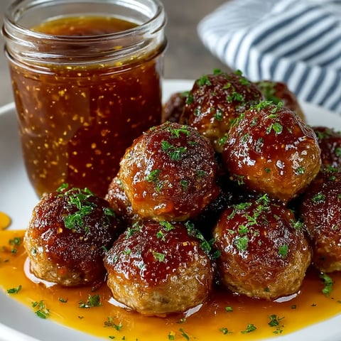A plate of meatballs with a jar of hot pepper jelly.