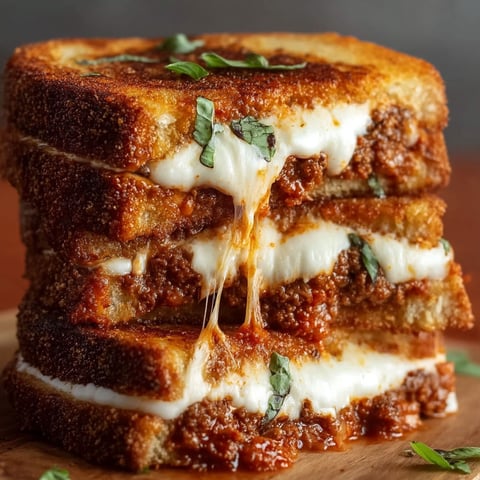 A stack of grilled cheese sandwiches with meat sauce.