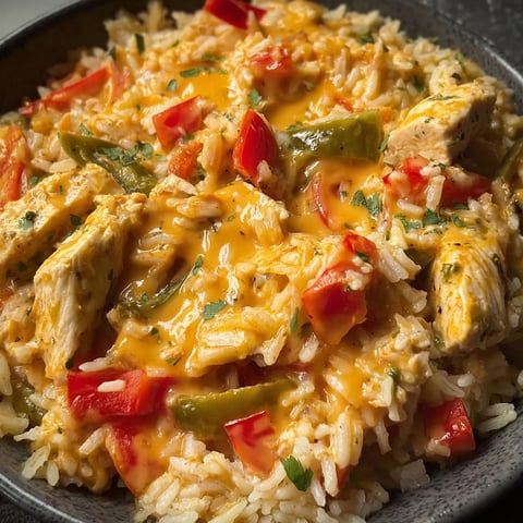 A bowl of rice with chicken and peppers.