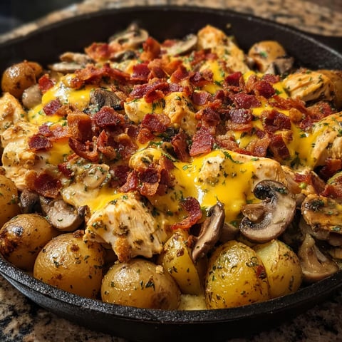 A delicious meal of chicken, potatoes, and mushrooms.